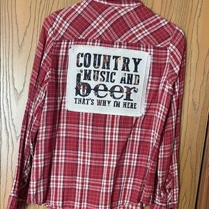 Upcycled Red Plaid Button-Up Shirt with 'Country Music and Beer' Patch